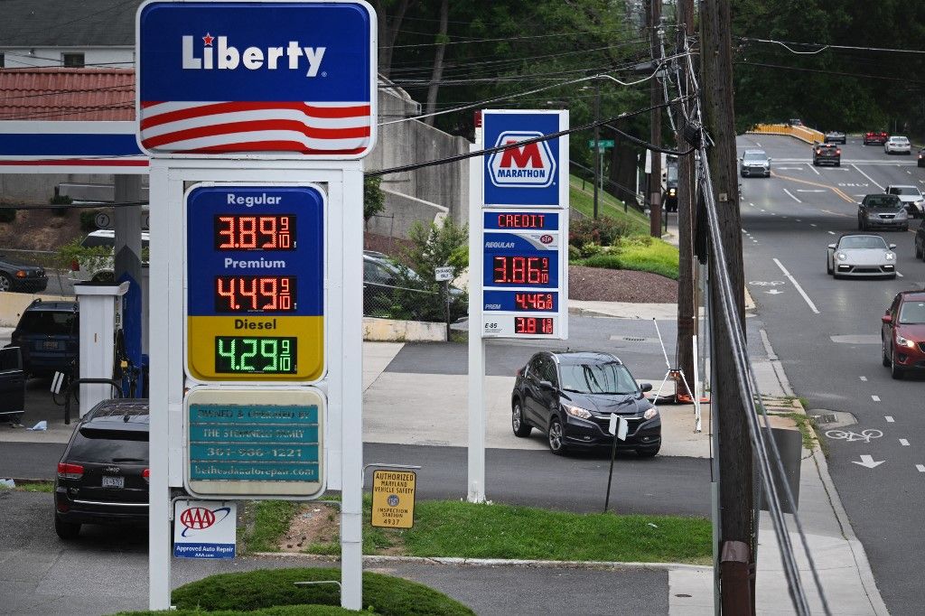 Gas station signboards display prices in Bethesda, Maryland on August 6, 2023. The American Automobile Association's average price for a gallon of regular gasoline is $3.829, up from $3.331 on January 2, 2023. This increase could have an impact on the latest Consumer Price Index, scheduled for release on August 10. (Photo by Mandel NGAN / AFP)