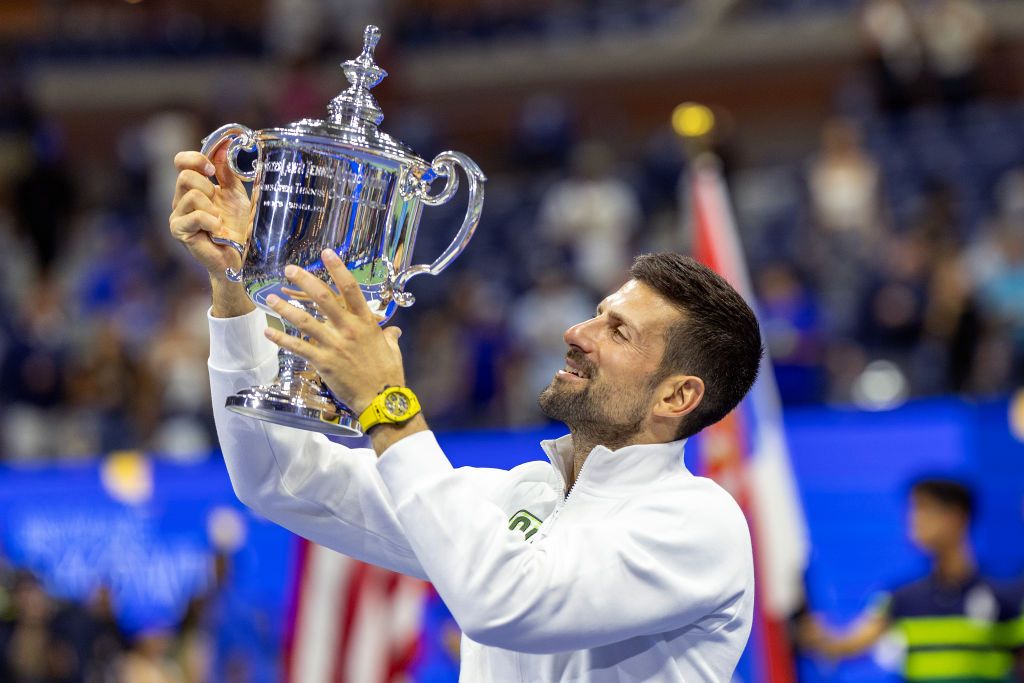 US Open Tennis Championship 2023
NEW YORK, USA:  September 10:  Novak Djokovic of Serbia with the winners' trophy after his victory against Daniil Medvedev of Russia in the Men's Singles Final on Arthur Ashe Stadium during the US Open Tennis Championship 2023 at the USTA National Tennis Centre on September 10th, 2023 in Flushing, Queens, New York City.  (Photo by Tim Clayton/Corbis via Getty Images)