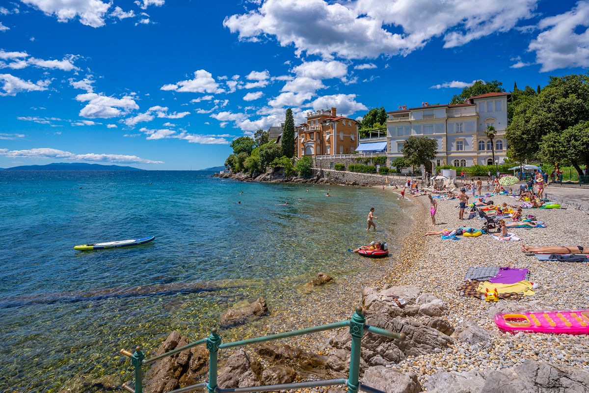 View of hotel and Aegean Sea near Opatija, Eastern Istria, Kvarner Bay, Eastern Istria, Croatia, Europe
