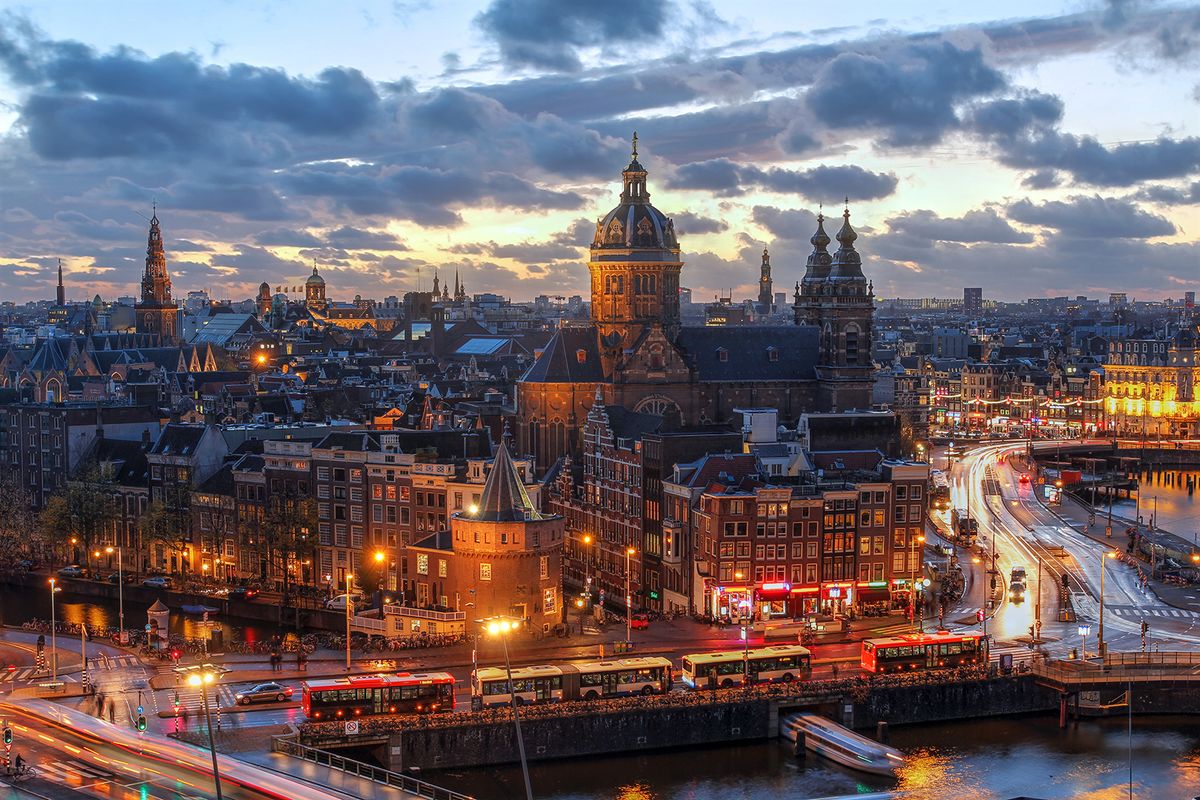 Aerial,View,Of,Downtown,Amsterdam,,The,Netherlands,During,A,Dramatic Aerial view of downtown Amsterdam, The Netherlands during a dramatic beautiful sunset. 