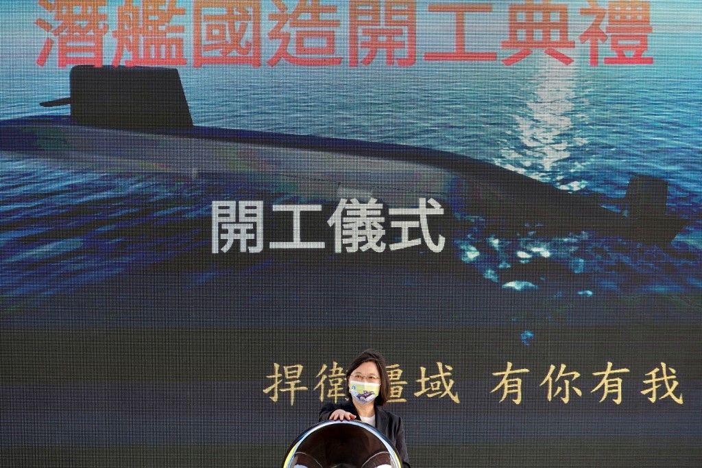 Taiwan's President Tsai Ing-wen attends a ceremony about the production of domestic-made submarines at a CSBC shipyard in Kaohsiung on November 24, 2020. (Photo by Sam Yeh / AFP)