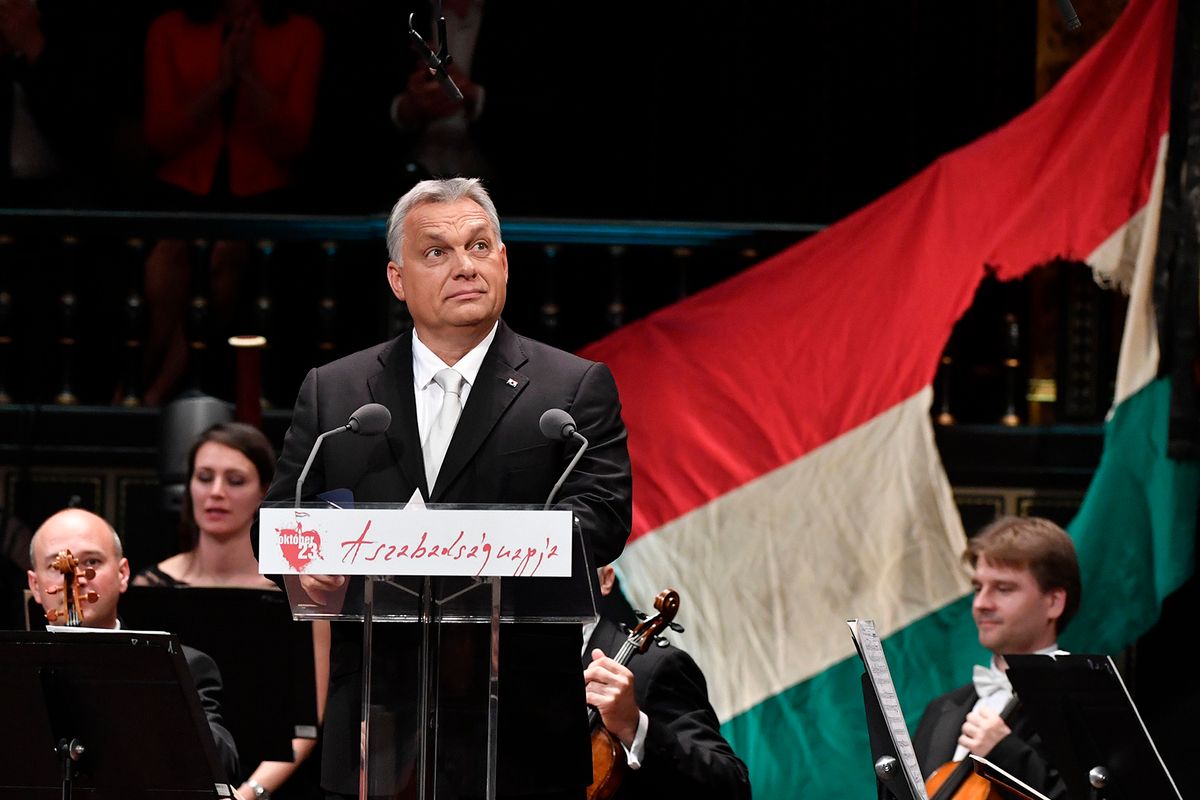 Budapest, 2019. október 23.Orbán Viktor miniszterelnök beszédet mond az 1956-os forradalom és szabadságharc 63. évfordulóján rendezett díszünnepségen a Zeneakadémián 2019. október 23-án.MTI/Máthé Zoltán