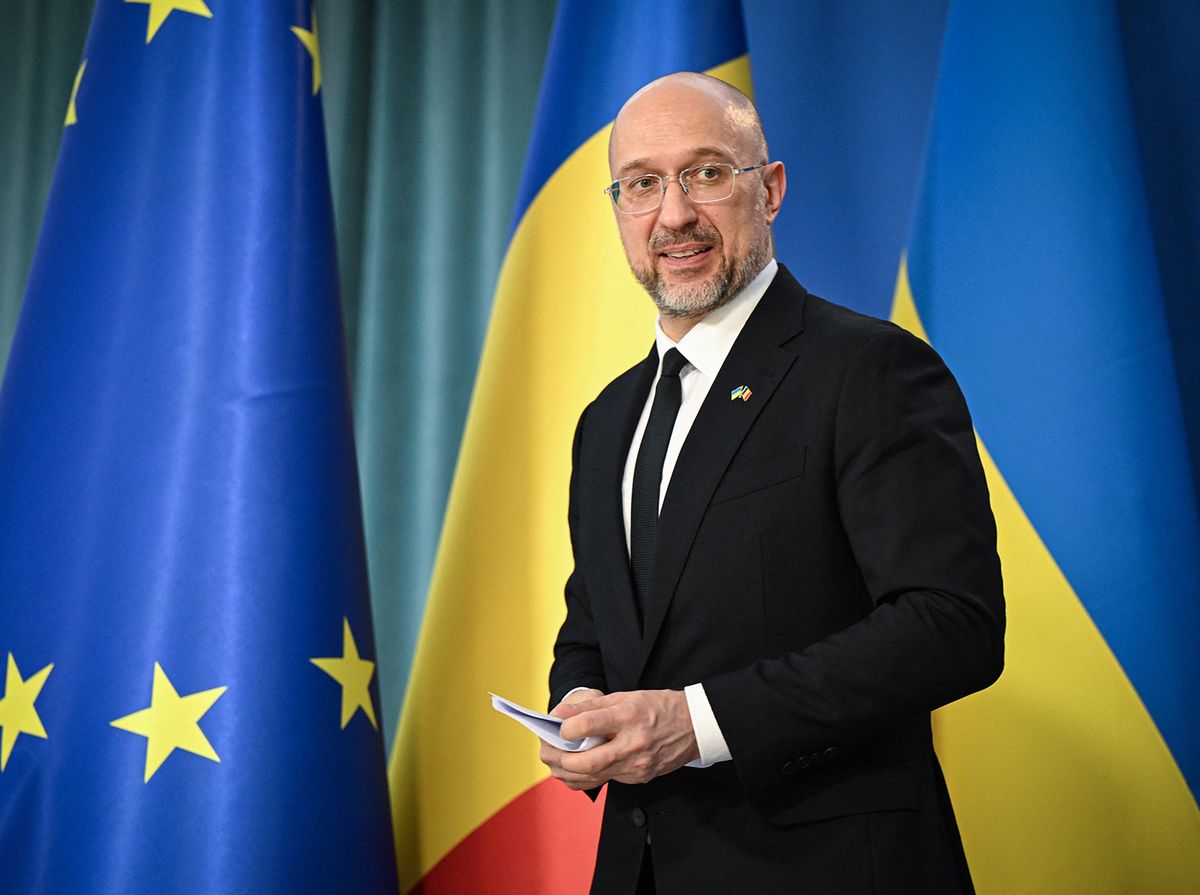 Ukrainian Prime Minister Denys Shmyhal is pictured during a joint press conference with his Romanian counterpart at the Victoria Palace, the Romanian government headquarters in Bucharest, Romania, on August 18, 2023. (Photo by Daniel MIHAILESCU / AFP)