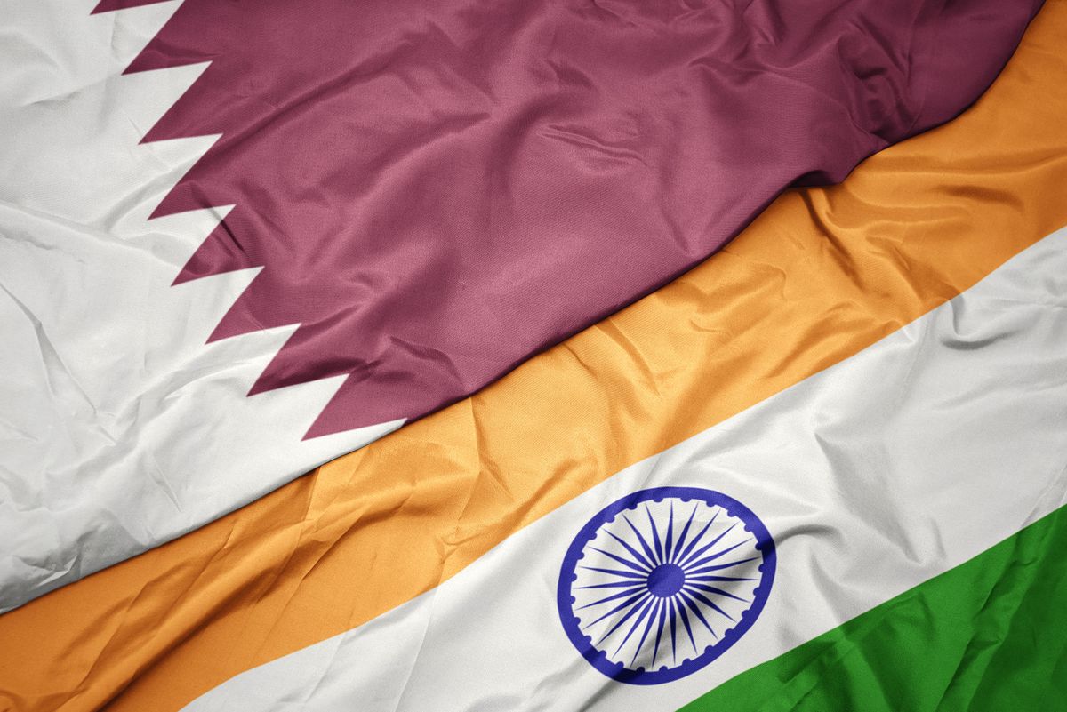 Waving,Colorful,Flag,Of,India,And,National,Flag,Of,Qatar.