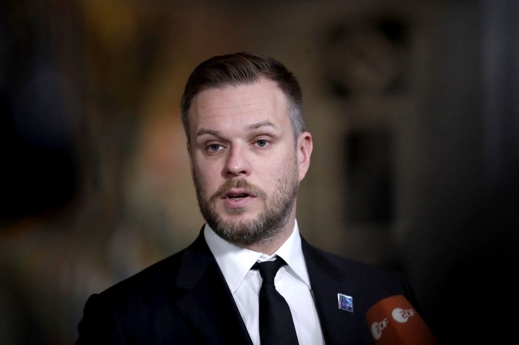 Lithuania's Foreign Minister Gabrielius Landsbergis gives a doorstep statement during an informal meeting of NATO Foreign Affairs Ministers at The Oslo City Hall in Oslo, Norway on June 1, 2023. (Photo by Hanna Johre / NTB / AFP) / Norway OUT