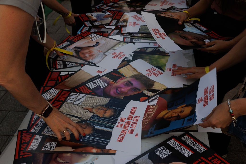 Hostage Situation Complicates Israel's Response To Hamas AttacksTEL AVIV, ISRAEL - OCTOBER 31: Friends and families of those taken hostage by Hamas organise banners as they gather to call for their return on October 31, 2023 in Tel Aviv, Israel. As the Israeli government vows to eliminate Hamas, whose Oct 7 attacks left 1,400 dead and 230 kidnapped, the fate of those hostages has complicated the country's military response. Families of the victims worry that the military offensive may result in hostages being killed during Israeli bombing or from Hamas's reprisals. Some families and friends of hostages, who remain in Gaza, are calling on the government to trade for Palestinian prisoners. (Photo by Dan Kitwood/Getty Images)