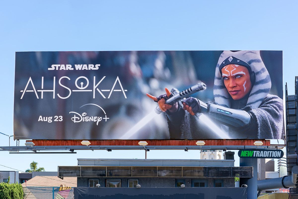 Hollywood Exteriors And Landmarks - 2023HOLLYWOOD, CALIFORNIA - AUGUST 03: A Disney+ billboard campaign near Hollywood & Highland promotes the new Star Wars flagship show 'Ahsoka' on August 03, 2023 in Hollywood, California.  (Photo by AaronP/Bauer-Griffin/GC Images)