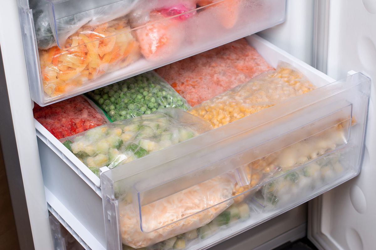 Plastic,Bags,With,Different,Frozen,Vegetables,In,Refrigerator.,Food,Storage