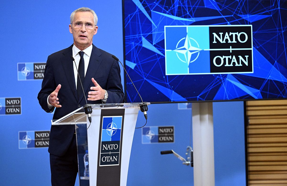 NATO Secretary General Jens StoltenbergBRUSSELS, BELGIUM - OCTOBER 11: NATO Secretary General Jens Stoltenberg speaks during the press conference after attending the NATO Defense Ministers Meeting in Brussels, Belgium on October 11, 2023. Dursun Aydemir / Anadolu (Photo by Dursun Aydemir / ANADOLU / Anadolu Agency via AFP)