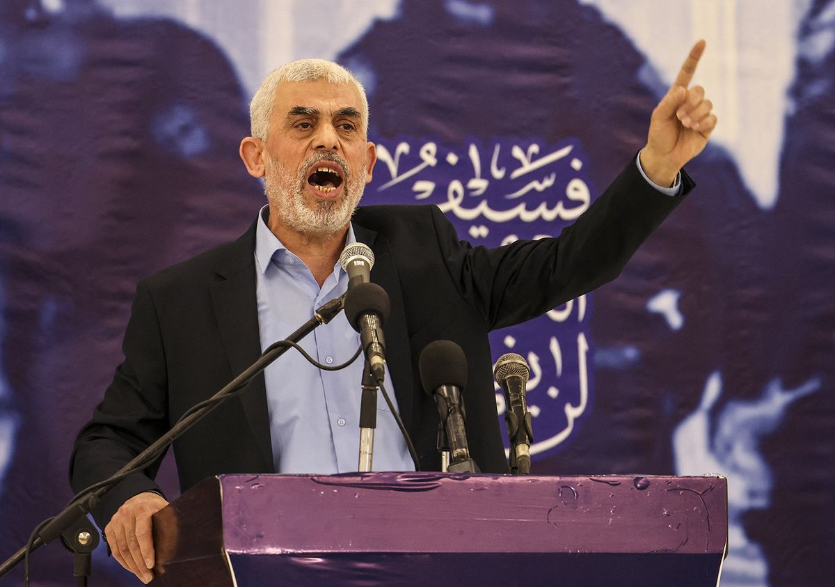 Head of the political wing of the Palestinian Hamas movement in the Gaza Strip Yahya Sinwar speaks during a meeting in Gaza City on April 30, 2022. (Photo by Mahmud HAMS / AFP)