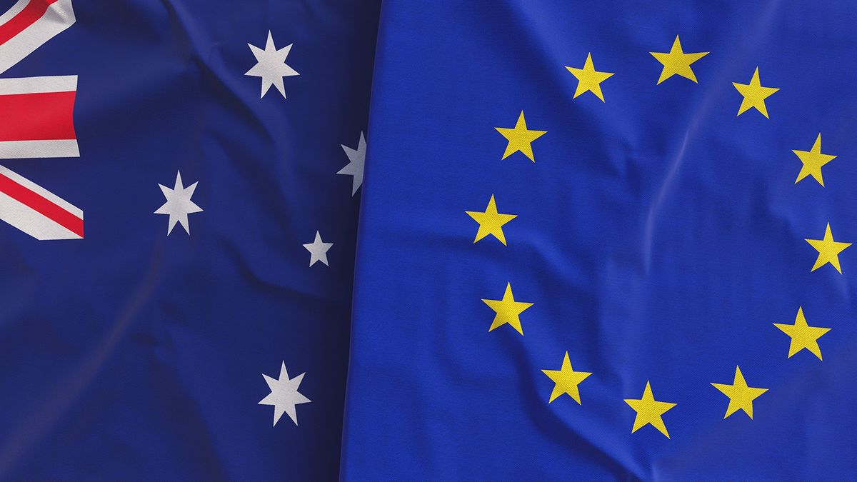 Flags,Of,Australia,And,The,European,Union.,Linen,Flags,Close-up.