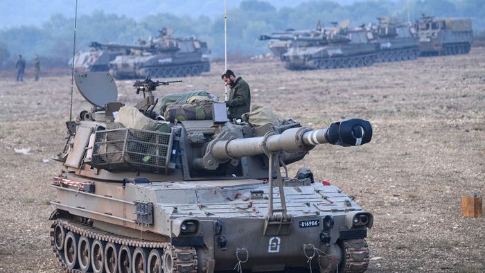 ISRAEL-BORDER-LEBANON-CONFLICT(231008) -- JERUSALEM, Oct. 8, 2023 (Xinhua) -- This photo taken on Oct. 8, 2023 shows Israeli military vehicles in northern Israel near the border with Lebanon.  Dozens of rockets and heavy artillery shells were fired toward Israeli positions on the Shebaa Farms, a disputed strip of land at the intersection of the Lebanese-Syrian border and the Israeli-annexed Golan Heights, early Sunday morning, Lebanese army intelligence sources confirmed to Xinhua.  In response, the Israeli military fired artillery into the Lebanese area from which the attack originated, an army spokesperson said in a statement. Later, a drone attack was launched, targeting tents set up by Hezbollah in the region, according to the spokesperson. (Ayal Margolin/JINI via Xinhua)Xinhua News Agency / eyevineContact eyevine for more information about using this image:T: +44 (0) 20 8709 8709E: info@eyevine.comhttp://www.eyevine.com