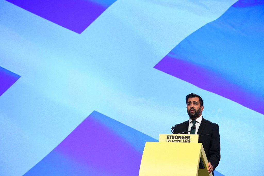 Scotland's First Minister Humza Yousaf delivers a speech during the Scottish National Party (SNP) annual conference, in Aberdeen, on October 17, 2023. (Photo by ANDY BUCHANAN / AFP)