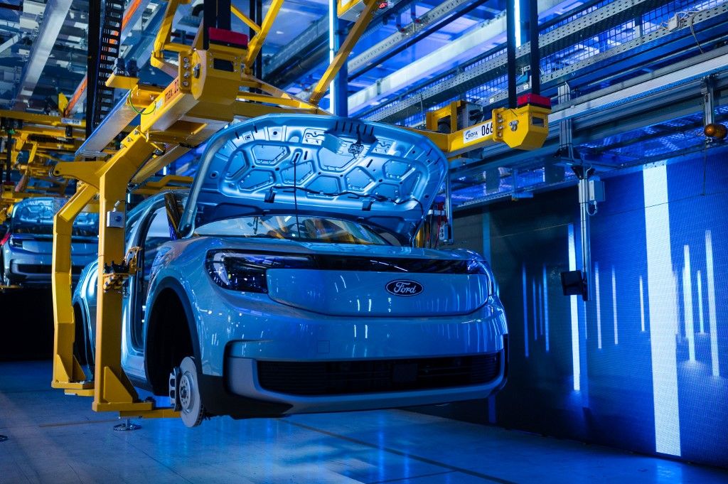 Opening Ford Cologne Electric Vehicle Center12 June 2023, North Rhine-Westphalia, Cologne: A Ford Explorer is seen in assembly during the pre-opening ceremony of the Ford Cologne Electric Vehicle Center. The Cologne plant will be Ford's first EV (Electric Vehicle) Center in Europe. Photo: Marius Becker/dpa (Photo by MARIUS BECKER / DPA / dpa Picture-Alliance via AFP)