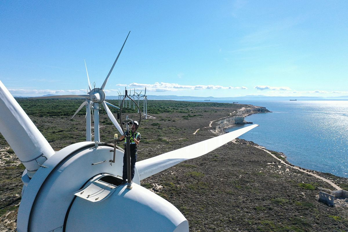 Technicians scale heights to maintain Bozcaada Wind Power Plant's 10.2 MW Wind Turbines in Turkiye's Canakkale