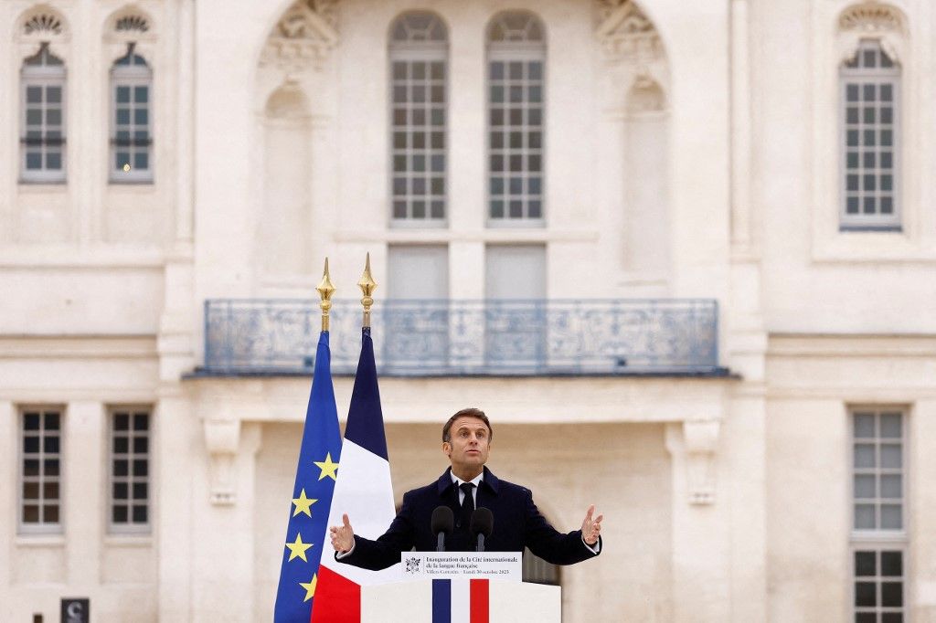 French President Emmanuel Macron delivers a speech during the inauguration of the Cite internationale de la langue francaise, a cultural and living place dedicated to the French language and French-speaking cultures, at the castle of Villers-Cotterets, north-eastern France, on October 30, 2023. (Photo by CHRISTIAN HARTMANN / POOL / AFP)