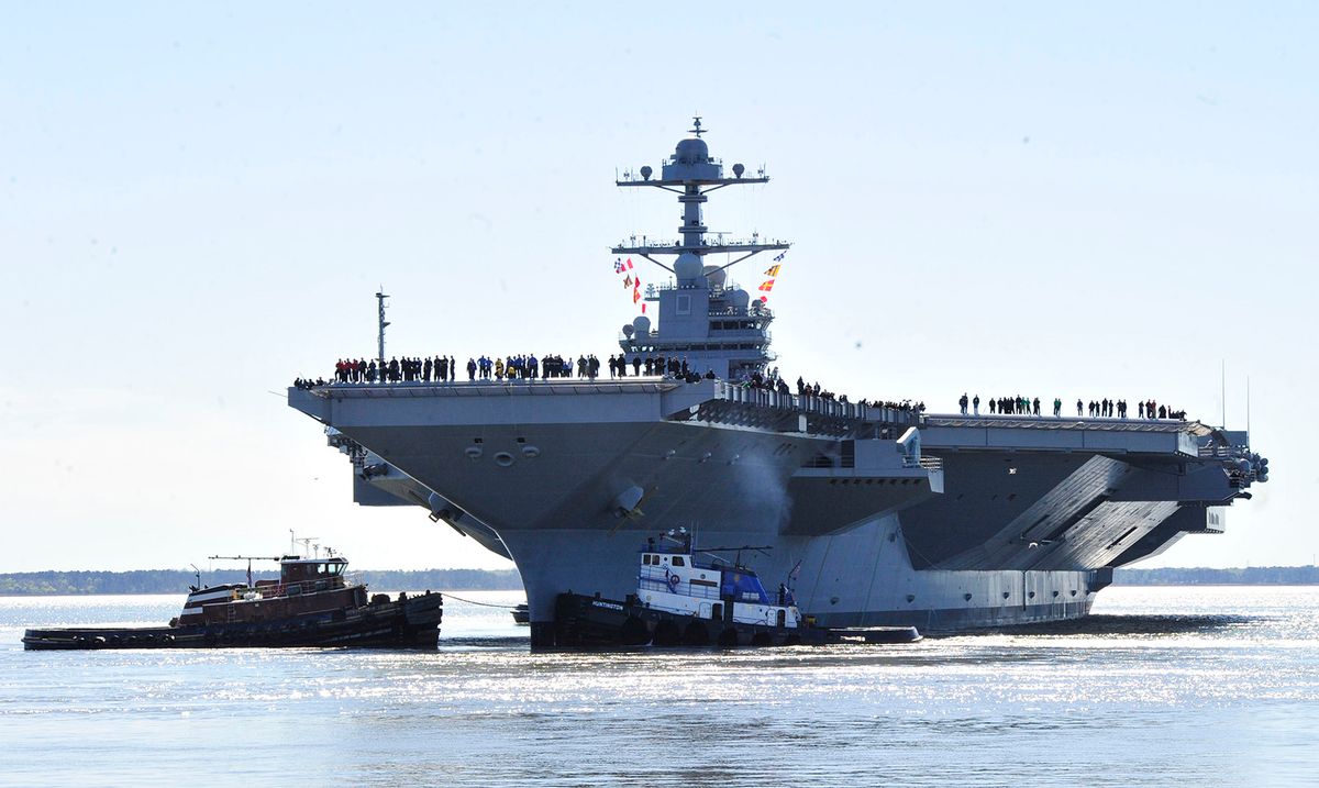 USS Gerald R. Ford Begins Builder's Sea TrialsNEWPORT NEWS, VA - APRIL 8:  In this handout photo provided by the U.S. Navy, the aircraft carrier Pre-Commissioning Unit (PCU) Gerald R. Ford (CVN 78) departs Huntington Ingalls Industries Newport News Shipbuilding for builder's sea trials off the U.S. East Coast on April 8, 2017 in Newport News, Virginia. The first-of-class ship, the first new U.S. aircraft carrier design in 40 years, will spend several days conducting builder's sea trials, a comprehensive test of many of the ship's key systems and technologies. (Photo by Chief Mass Communication Specialist Christopher Delano/U.S. Navy via Getty Images)