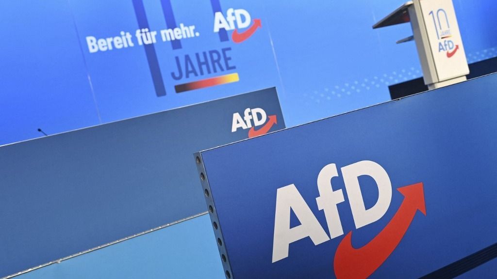 14th AfD Party Congress 2023 in Magdeburg.logo,logos on the podium. 14th Federal Party Congress of the AfD Alternative für Germany on July 28th, 2023 in the Magdeburg Exhibition Centre (Photo by Frank Hoermann/SVEN SIMON / SVEN SIMON / dpa Picture-Alliance via AFP)