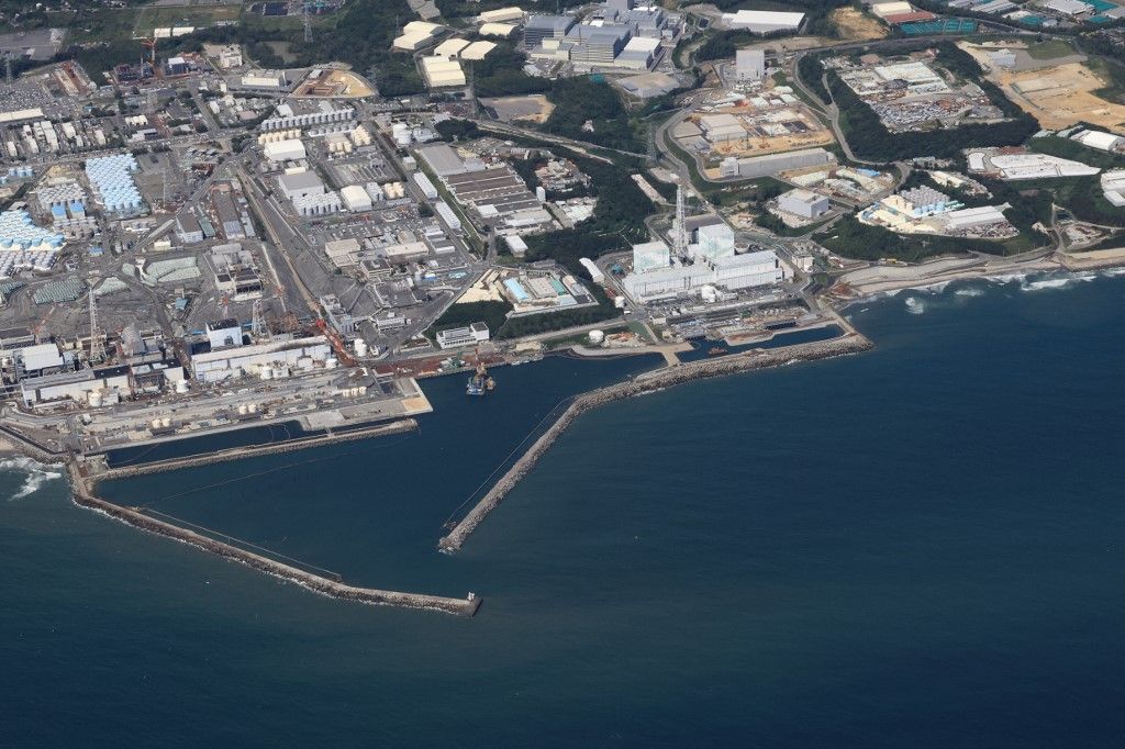 Release of treated water of TEPCO’s Fukushima No. 1 nuclear power plantAn aerial photo shows the Fukushima No. 1 nuclear power plant of Tokyo Electric Power Company Holdings Inc. in Fukushima Prefecture on Aug. 24, 2023. The treated water stored within the premises of the plant is planned to be released into the ocean starting on the same day. This is a major milestone in the decommissioning of the nuclear reactors.  ( The Yomiuri Shimbun ) (Photo by Takuya Matsumoto / Yomiuri / The Yomiuri Shimbun via AFP)