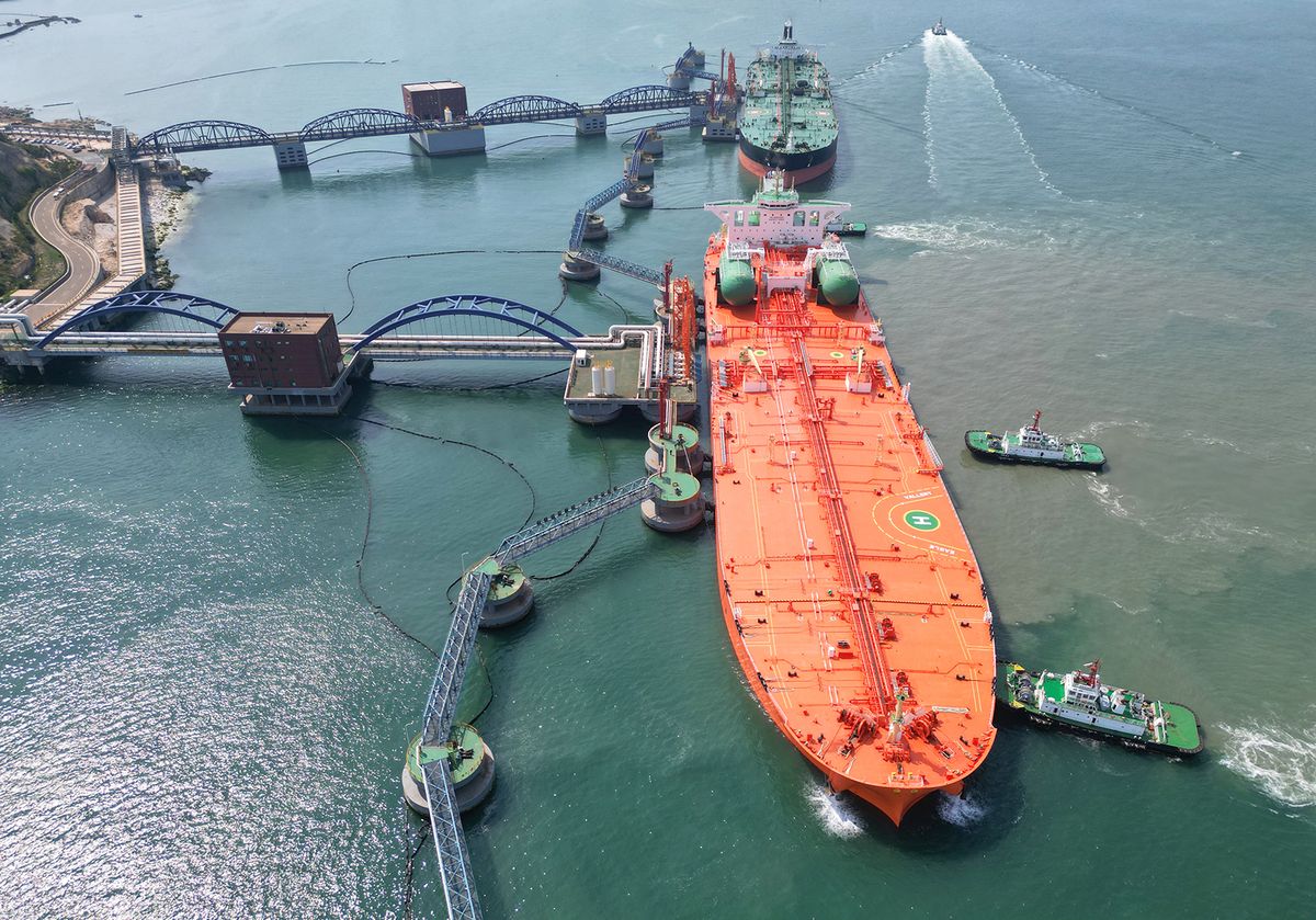 China Foreign Trade
Two large oil tankers unload at the 300,000-ton crude oil terminal in Yantai Port, Shandong province, June 16, 2023. On July 13, 2023, the General Administration of Customs released data, in the first half of 2023, the total value of China's trade in goods and exports was 20.1 trillion yuan, an increase of 2.1%, and the scale exceeded 20 trillion yuan for the first time in the same period in history. (Photo by Costfoto/NurPhoto via Getty Images)