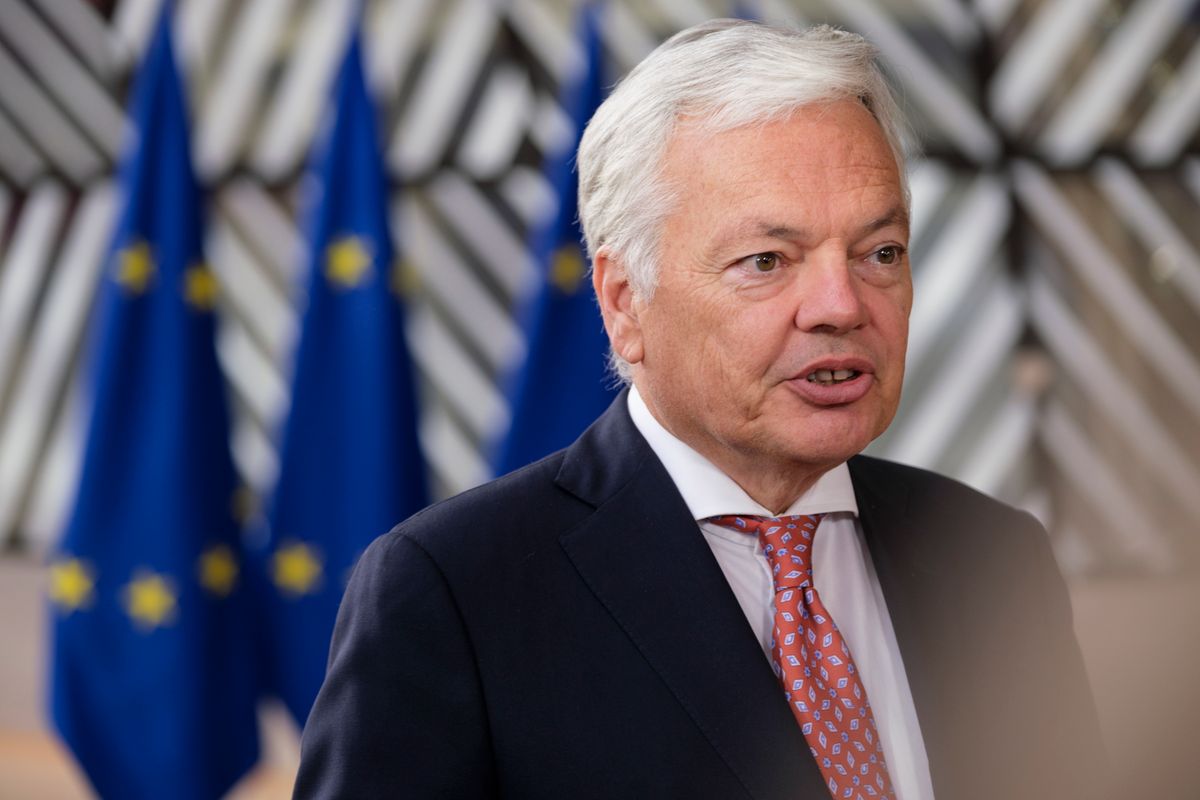 EU General Affairs Ministers CouncilBRUSSELS, BELGIUM - SEPTEMBER 19: EU Commissioner for Justice Didier Reynders talks to media prior to an EU general affairs ministers  council meeting in the Europa building, the EU Council headquarter on September 19, 2023 in Brussels, Belgium. Ministers will focus on the request by Spain to modify the EU's language regime, the annual rule of law dialogue, preparations for the October European Council, and legislative planning. (Photo by Thierry Monasse/Getty Images)