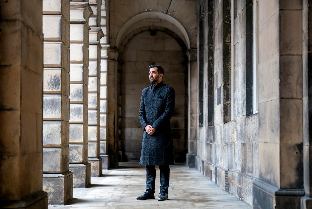 Leader of the Scottish National Party (SNP), Humza Yousaf, and Scotland's First Minsiter, poses for a photograph after being hi swearing-in ceremony at the Court of Session in Edinburgh on March 29, 2023. Humza Yousaf was sworn in as Scotland's first minister on Wednesday, becoming the first Muslim leader of a government in western Europe but already facing unrest in his party. At 37, Yousaf is also the youngest leader yet of the Scottish National Party (SNP), and is vowing to reinvigorate its flagging campaign for independence. (Photo by Jane Barlow / POOL / AFP)