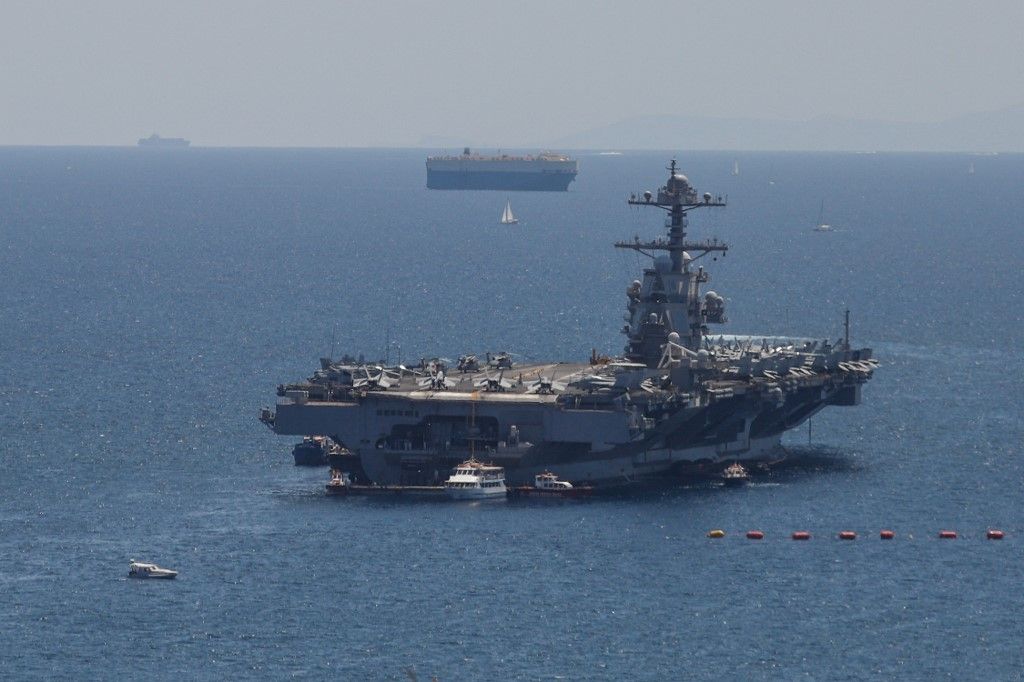 The USS Gerald R. Ford, the 'world's largest warship,' is seen at anchor in Faliro Bay, Athens, Greece, as part of its summer deployment, on July 28, 2023 (Photo by Nikos Libertas / SOOC / SOOC via AFP)