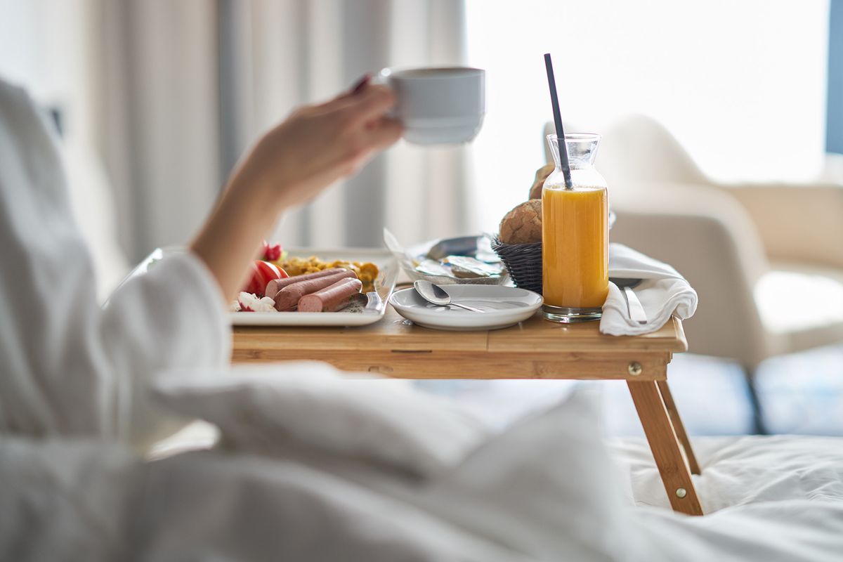 Breakfast,In,Bed,,Cozy,Hotel,Room.,Concept
