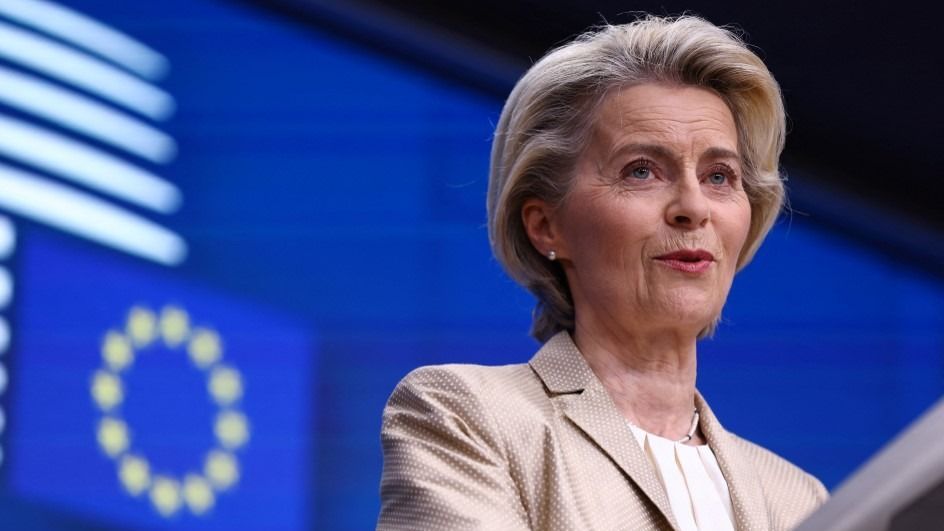 European Commission President Ursula von der Leyen speaks during a joint press conference with the European Council President at the end of a European Union summit, at the EU headquarters in Brussels, on October 27, 2023. EU leaders called for "humanitarian corridors and pauses" in Israel's war with Hamas to get aid into Gaza, after hours of negotiations at a summit of the bloc in Brussels. (Photo by Kenzo TRIBOUILLARD / AFP)