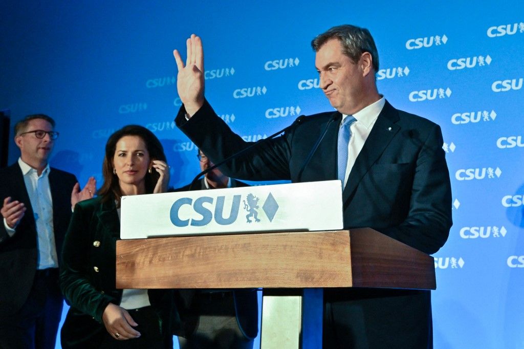 Bavarian state election08 October 2023, Bavaria, Munich: Markus Söder, CSU top candidate and Minister President of Bavaria, comes to the election party in the state parliament. Photo: Peter Kneffel/dpa (Photo by PETER KNEFFEL / DPA / dpa Picture-Alliance via AFP)