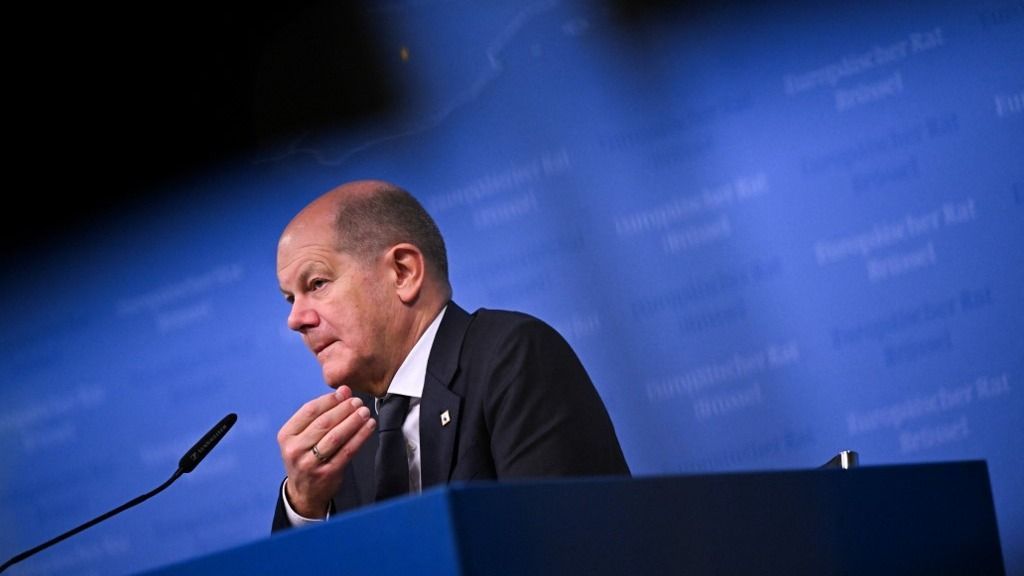 Germany's Chancellor Olaf Scholz speaks during a press conference at the end of a European Union summit, at the EU headquarters in Brussels, on October 27, 2023. EU leaders meeting in Brussels discussed bolstering support for Ukraine, as they strived to focus on helping that country against Russia's invasion even as Middle East turmoil steals global attention. (Photo by JOHN THYS / AFP)