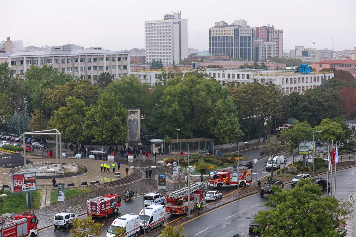 Members of Turkish Police Special Forces secure the area near the Interior Ministry following a bomb attack in Ankara, on October 1, 2023, leaving two police officers injured. The interior ministry said on October 1, 2023, that two attackers arrived in a commercial vehicle around 9:30 am (0630 GMT) "in front of the entrance gate of the General Directorate of Security of our Ministry of the Interior, and carried out a bomb attack." (Photo by Adem ALTAN / AFP)