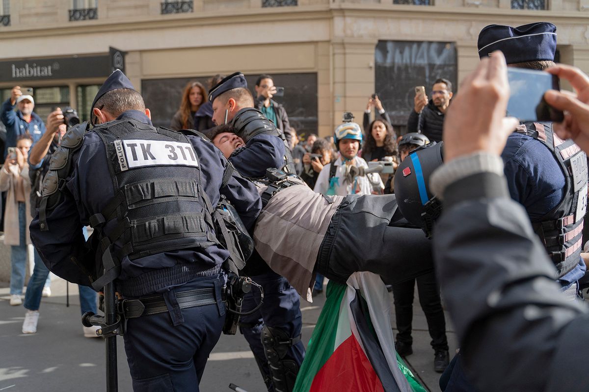 FRANCE - GATHERING IN SUPPORT OF THE PALESTINIAN PEOPLEFrance, Paris, 2023-10-14. Gathering in support of the Palestinian people, banned by the police headquarters, Place de la Republique. Photograph by Claire Serie / Hans Lucas.France, Paris, 2023-10-14. Rassemblement en soutien au peuple palestinien, interdit par la prefecture de police, place de la Republique. Photographie de Claire Serie / Hans Lucas. (Photo by Claire Serie / Hans Lucas / Hans Lucas via AFP)