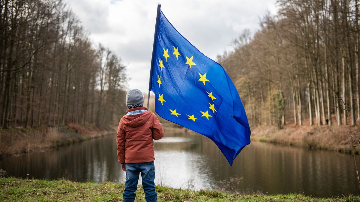 BELGIUM - CHILD WITH EUROPEAN FLAG ON MARCH 18TH