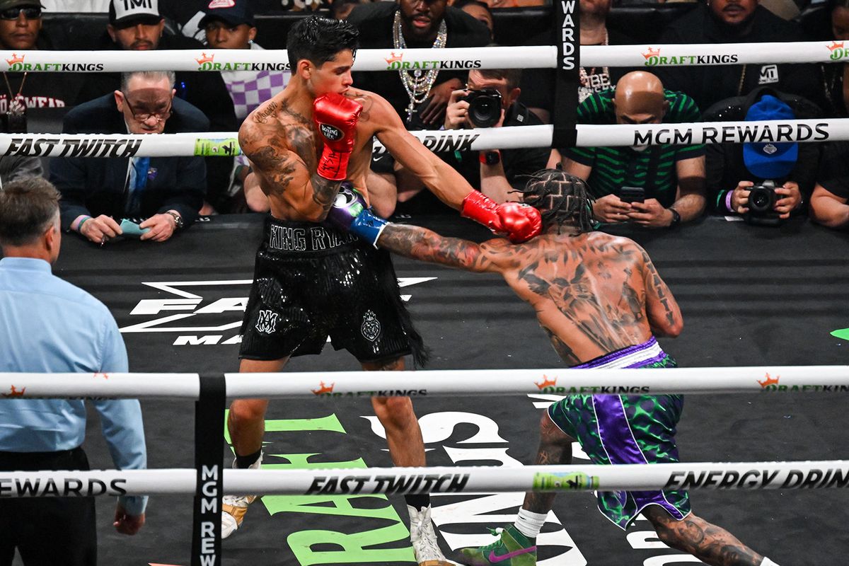 LAS VEGAS, NV - APRIL 22: Gervonta Davis (R) and Ryan Garcia (L) exchange punches during their catchweight bout on Saturday night at the T-Mobile Arena in Las Vegas, Nevada, United States on April 22, 2023. Tayfun Coskun / Anadolu Agency (Photo by Tayfun Coskun / ANADOLU AGENCY / Anadolu Agency via AFP)