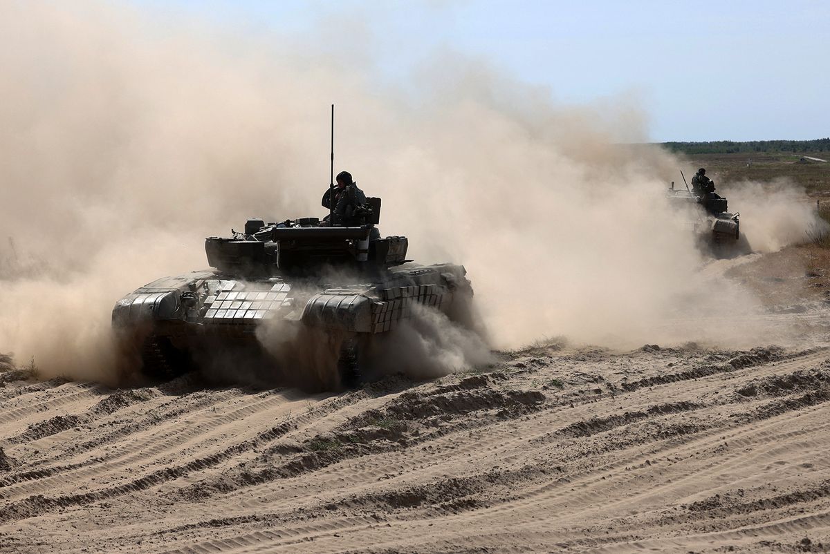 Ukrainian tanks take part in a training exercise in the Chernigiv region on September 8, 2023, amid the Russian invasion of Ukraine. (Photo by Anatolii Stepanov / AFP)