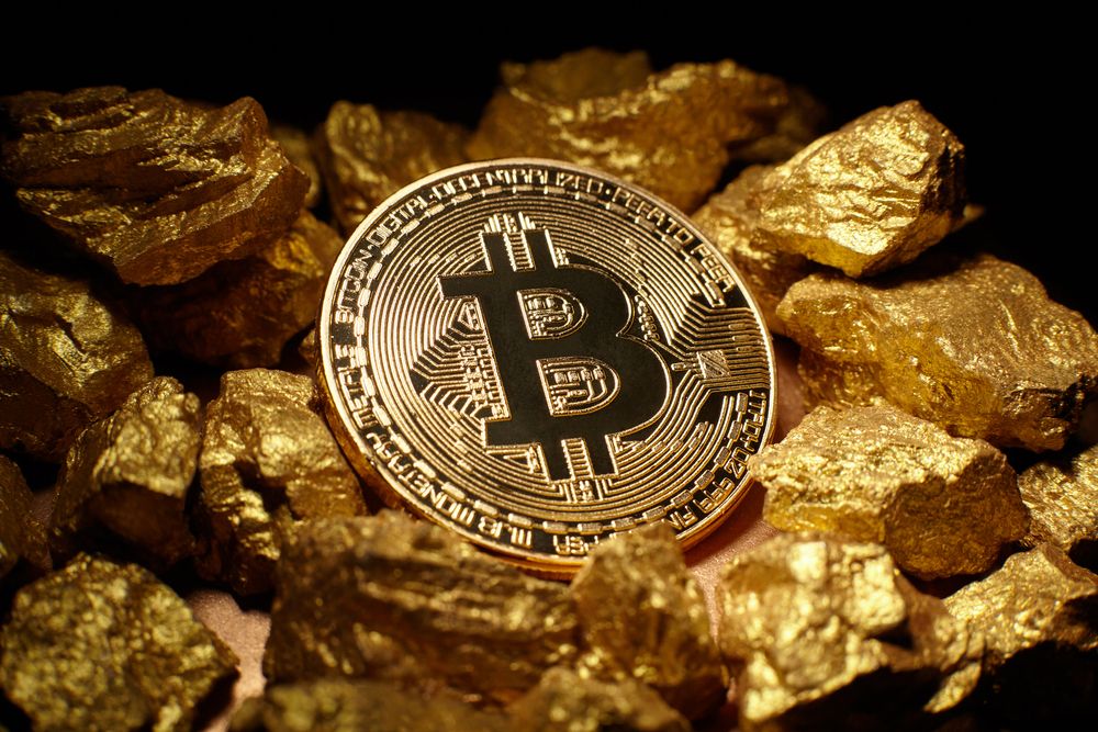Golden,Bitcoin,Coin,And,Mound,Of,Gold.,Bitcoin,Cryptocurrency.,Business