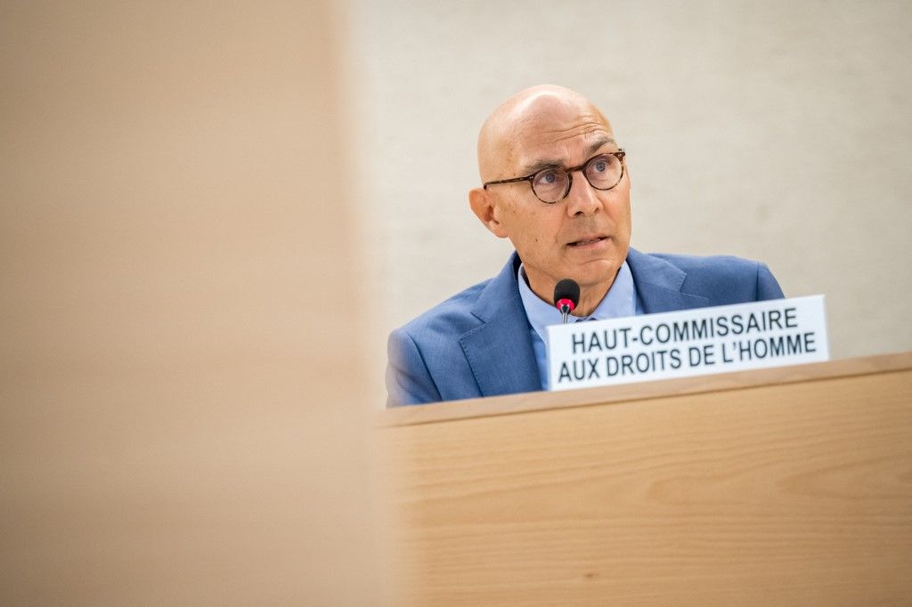 UN High Commissioner for Human Rights Volker Turk delivers a speech at the opening of the 54th UN Human Rights Council in Geneva, on September 11, 2023. Climate change is sparking human rights emergencies in many countries, the UN rights chief said Monday, also decrying widespread "nonchalance" to surging deaths of migrants. (Photo by Fabrice COFFRINI / AFP)