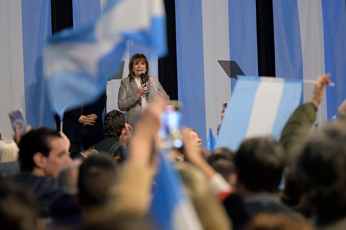 Argentine presidential pre-candidate of Juntos por el Cambio party Patricia Bullrich delivers a speech during a closing rally of her campaign for the August 13 primary elections, in Buenos Aires on August 7, 2023. Argentina holds primary elections on August 13 and the first round of the presidential vote on October 22. (Photo by Juan MABROMATA / AFP)