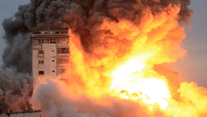 Middle East News - October 7, 2023October 7, 2023, Gaza city, Gaza Strip, Palestinian Territory: Smoke and flames billow after Israeli forces struck a high-rise tower in Gaza City, October 7, 2023. Palestinian militants have begun a ''war'' against Israel which they infiltrated by air, sea and land from the blockaded Gaza Strip, Israeli officials said, a major escalation in the Israeli-Palestinian conflict. gazawar2