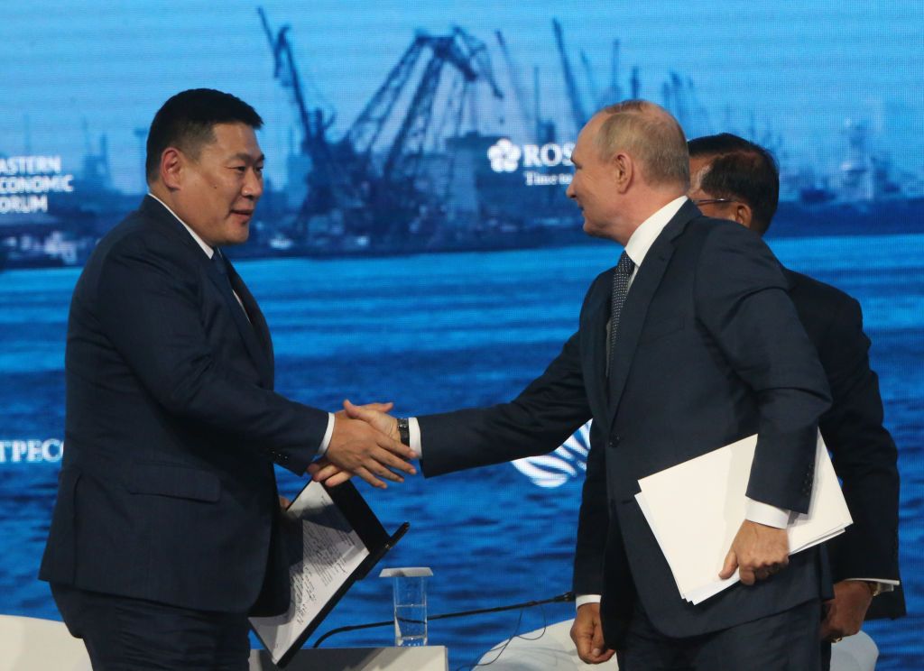 Eastern Economic Forum In VladivostokMOSCOW, RUSSIA - SEPTEMBER,7 (RUSSIA OUT) Mongolian Prime Minister Oyun-Erdene Luvsannamsrai (L) greets Russian President Vladimir Putin (R) during the plenary session of the Eastern Economic Forum, September 7, 2022 in Vladivostok, Russia. About 5000 participants from 47 countries, including Russian President Putin, have arrived to the Russky Island in Russian Far-Eastern city of Vladivostok to take part in the forum. (Photo by Contributor/Getty Images)