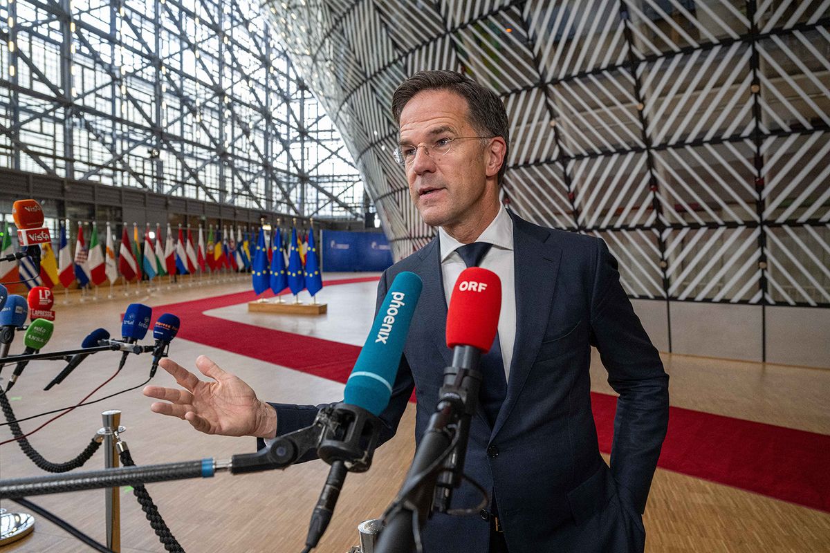 BRUSSELS - Outgoing Prime Minister Mark Rutte on the second day of the European summit of the leaders of the EU countries. Rutte and his colleagues are trying to reach an agreement about the war between Israel and Hamas. The war in Ukraine, other flashpoints on the edges of Europe and migration are also discussed. ANP JONAS ROOSENS netherlands out - belgium out (Photo by JONAS ROOSENS / ANP MAG / ANP via AFP)