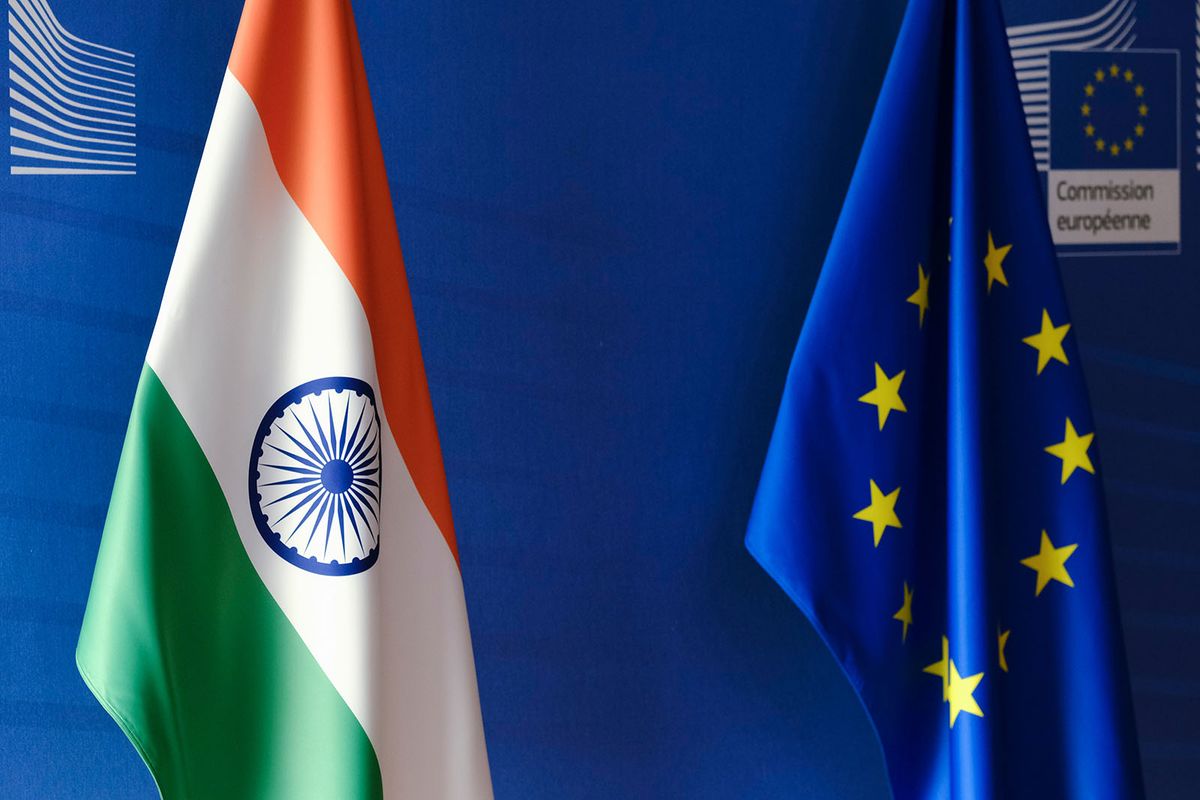 Eu,And,India,Flags,Eu,Headquarters,In,Brussels,,Belgium,On