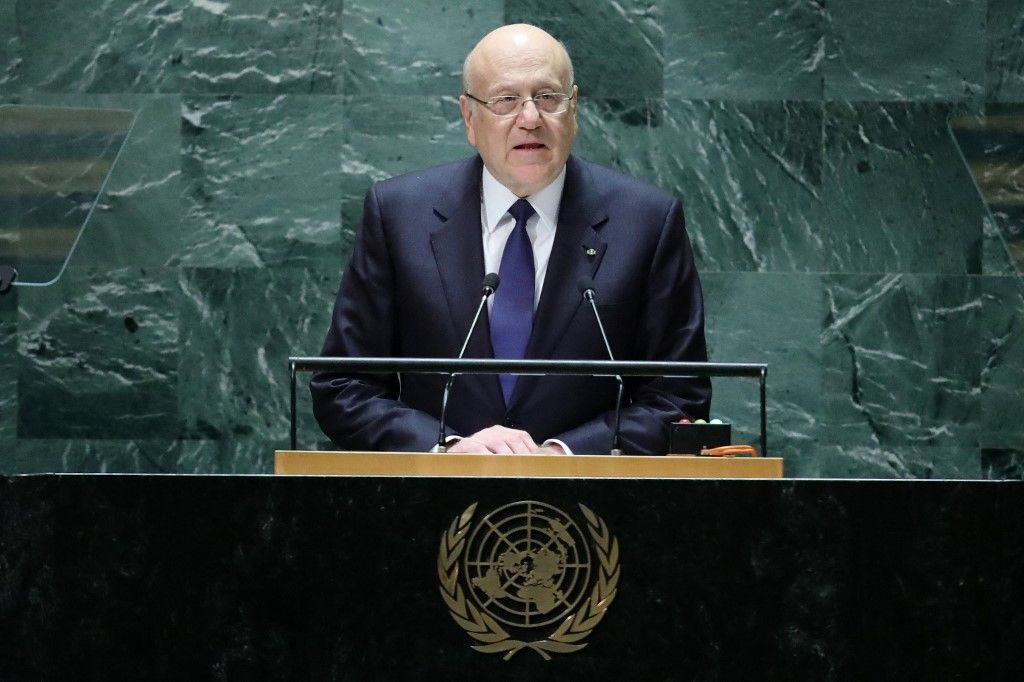 Lebanese Prime Minister Najib Mikati addresses the 78th United Nations General Assembly at UN headquarters in New York City on September 20, 2023. (Photo by Leonardo Munoz / AFP)