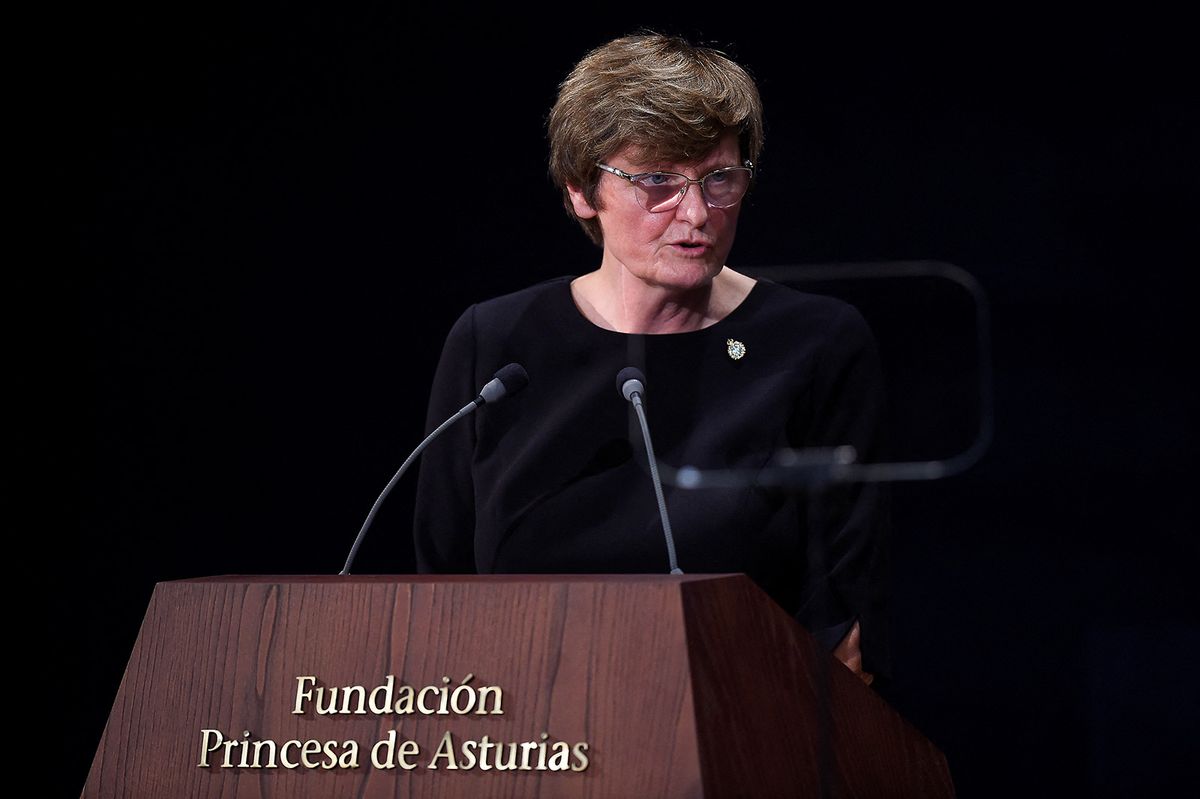 Hungarian-American scientist Katalin Kariko delivers a speech after receiving the Princesa de Asturias award for Scientific and Technical Research during the 2021 Princess of Asturias award ceremony at the Reconquista Hotel in Oviedo on October 22, 2021. (Photo by ANDER GILLENEA / AFP)