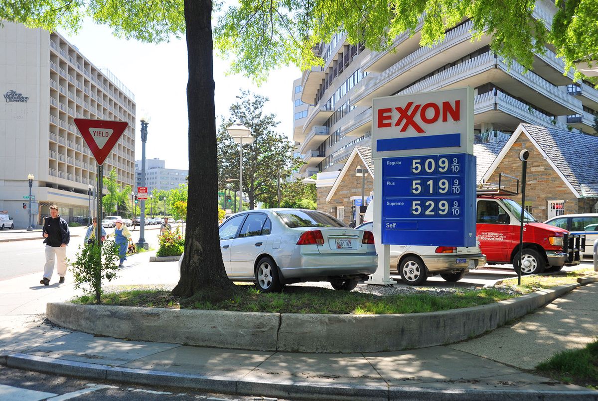 -Gasoline prices of $5.09 USD displayed at an Exxon station in Washington, DC on May 5, 2011. According to AAA.com, the national average is $3.99 per gallon. It’s going for $3.99 in Maryland and $3.88 in Virginia. The Washington DC average is listed at $4.16 with the exception of this station near the Watergate complex. AFP PHOTO/Karen BLEIER (Photo by KAREN BLEIER / AFP)