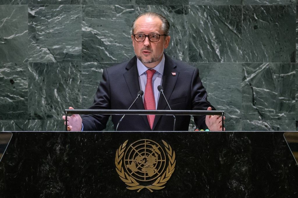 Austria's Minister for International Affairs Alexander Schallenberg addresses the 78th United Nations General Assembly at UN headquarters in New York City on September 21, 2023. (Photo by Ed JONES / AFP)