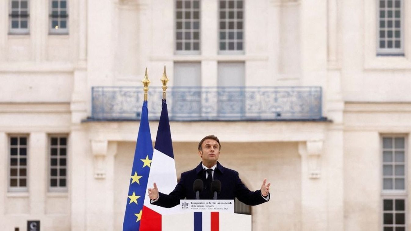 French President Emmanuel Macron delivers a speech during the inauguration of the Cite internationale de la langue francaise, a cultural and living place dedicated to the French language and French-speaking cultures, at the castle of Villers-Cotterets, north-eastern France, on October 30, 2023. (Photo by CHRISTIAN HARTMANN / POOL / AFP)