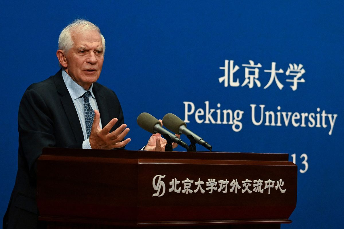 EU High Representative for Foreign Affairs and Security Policy Josep Borrell leaves after delivering a speech at Peking University in Beijing on October 13, 2023. (Photo by Pedro PARDO / AFP)