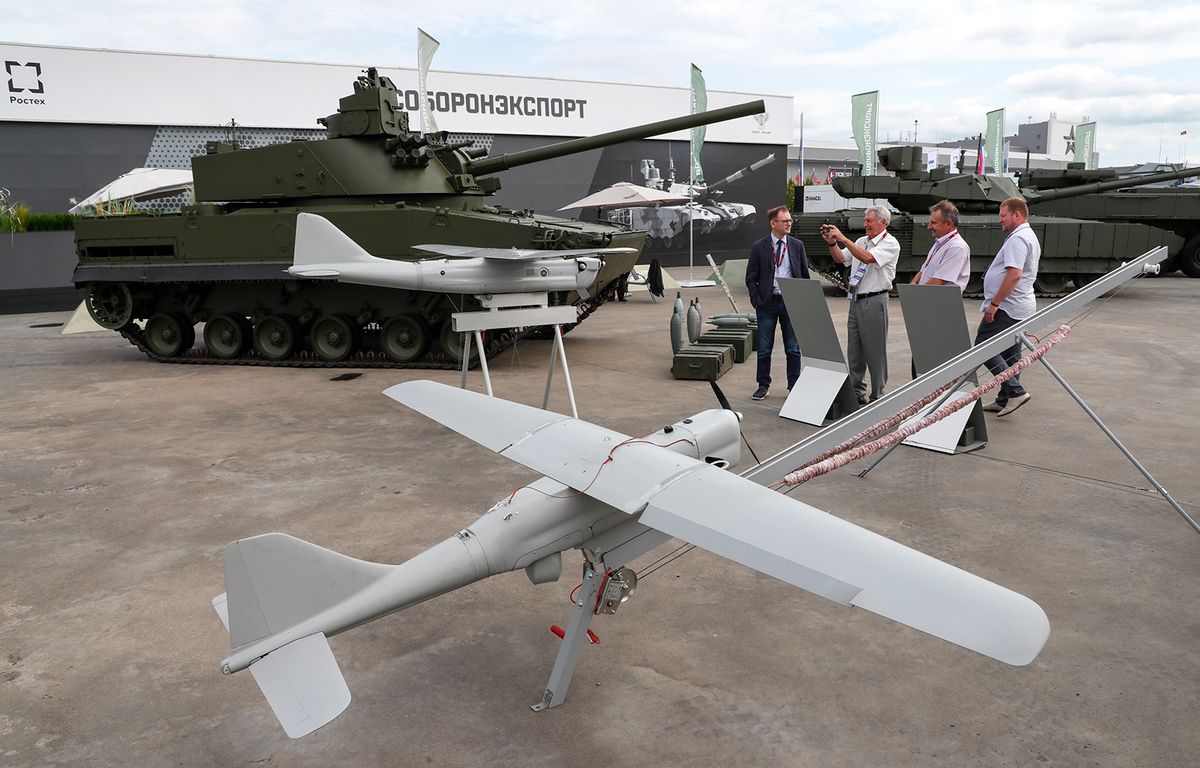 The International Military-Technical Forum 'Army-2023' in Russia
epa10800109 Visitors look at Russian drone Orlan-10 E during the International Military-Technical Forum 'Army-2023' held at the Patriot Park in Kubinka, outside Moscow, Russia, 14 August 2023. The International Military-Technical Forum 'Army-2023' is held from 14 to 20 August 2023 at Patriot Expo, Kubinka Air Base and Alabino military training grounds.  EPA/YURI KOCHETKOV epa10800109 Visitors look at Russian drone Orlan-10 E during the International Military-Technical Forum 'Army-2023' held at the Patriot Park in Kubinka, outside Moscow, Russia, 14 August 2023. The International Military-Technical Forum 'Army-2023' is held from 14 to 20 August 2023 at Patriot Expo, Kubinka Air Base and Alabino military training grounds.  EPA/YURI KOCHETKOV